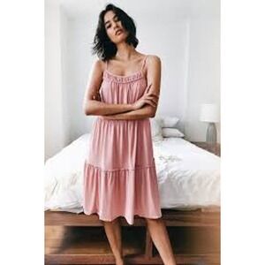 Anthropologie Saturday Sunday Etta Dress Large Pink Tier Midi Adjust Straps NWT